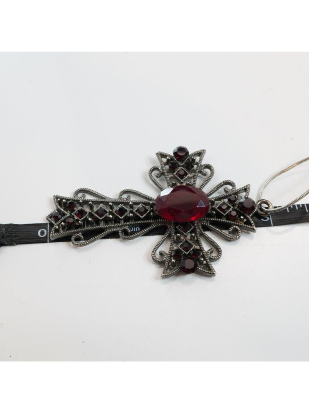 Vintage Goth Filigree Cross Necklace Red Rhinestone Silver Tone 18" - Picture 6 of 7